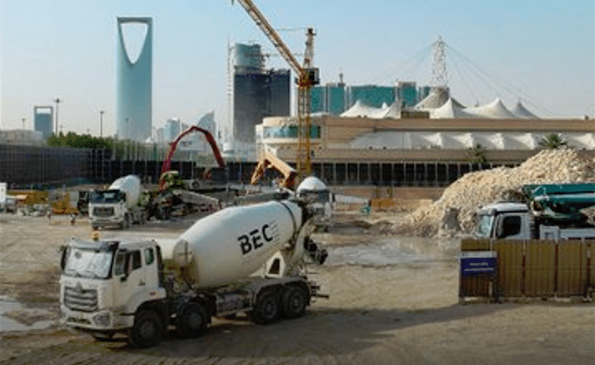 A concrete mixer truck with the