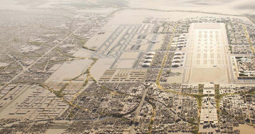 Aerial view of King Salman International Airport, showcasing the comprehensive design and meticulous layout of the site.