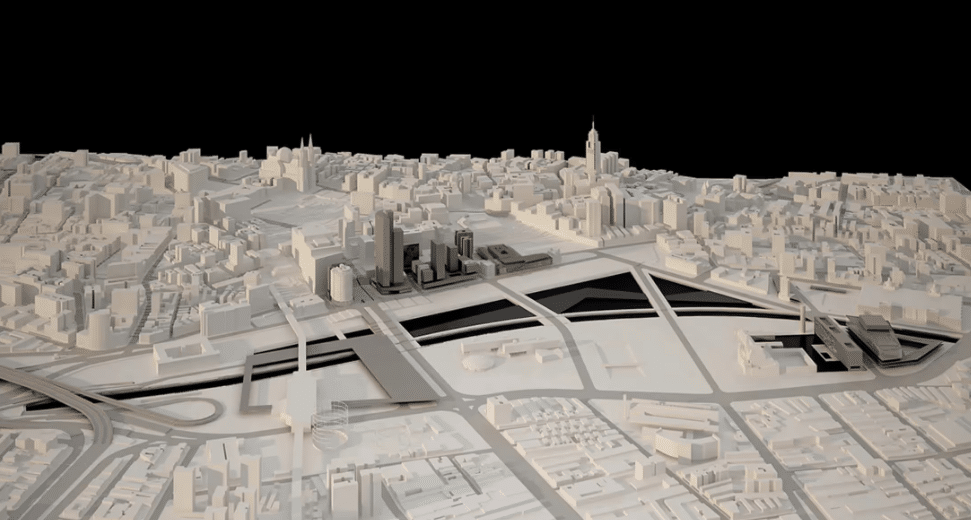 A 3D model of a futuristic city highlighting sophisticated urban design, where tall and mid-rise buildings are harmoniously integrated with roads and green spaces.