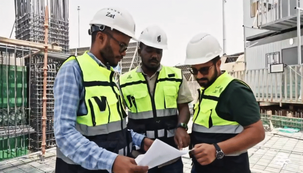 ثلاثة مهندسين يرتدون خوذات و خوذ أمان يبحثون في مستندات العمل أثناء تواجدهم على موقع البناء