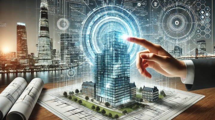 A hand pointing at a 3D model of a modern building within a digital interface, with a background featuring architectural blueprints and models