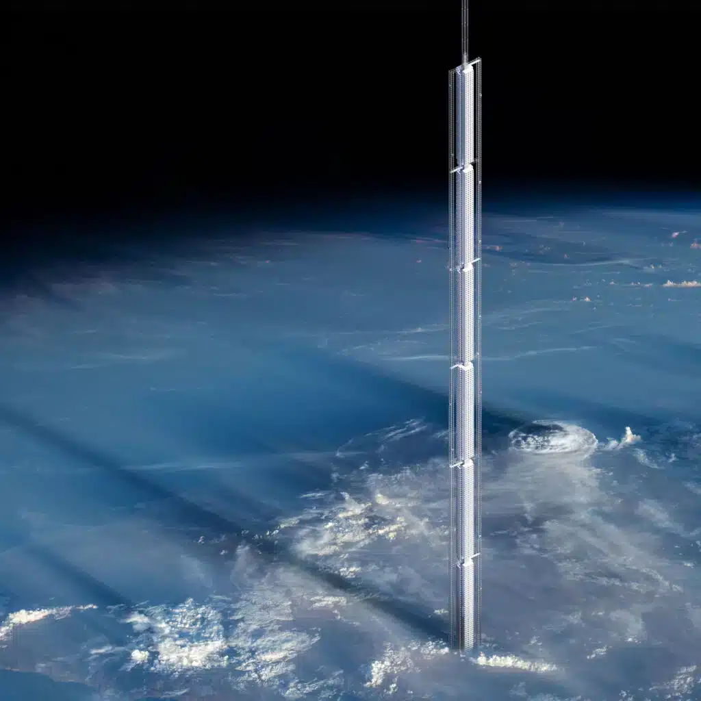 A futuristic space skyscraper suspended above Earth, stretching from the atmosphere into outer space