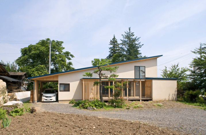 A small, eco-friendly house with natural tones, built using sustainable materials like wood and concrete, featuring large glass windows for maximizing natural light.