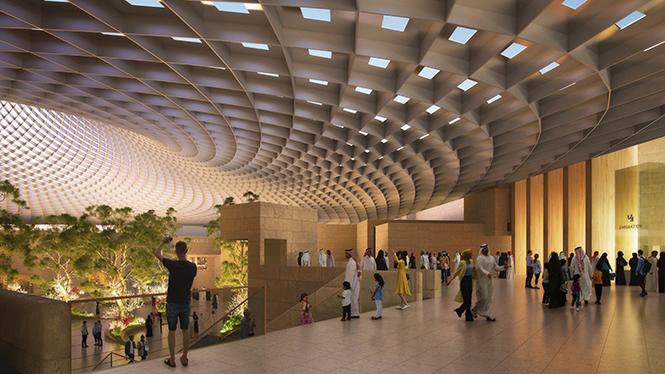 3D rendering of the interior design of King Salman International Airport, showing people exploring the space.