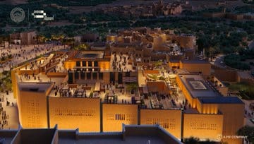صورة لمشروع متحف مسك للتراث أثناء الإضاءة الليلية، حيث يُظهر المبنى الرئيسي بأضواء دافئة تبرز تصميمه المعاصر الذي يمزج بين العناصر التقليدية والمعاصرة