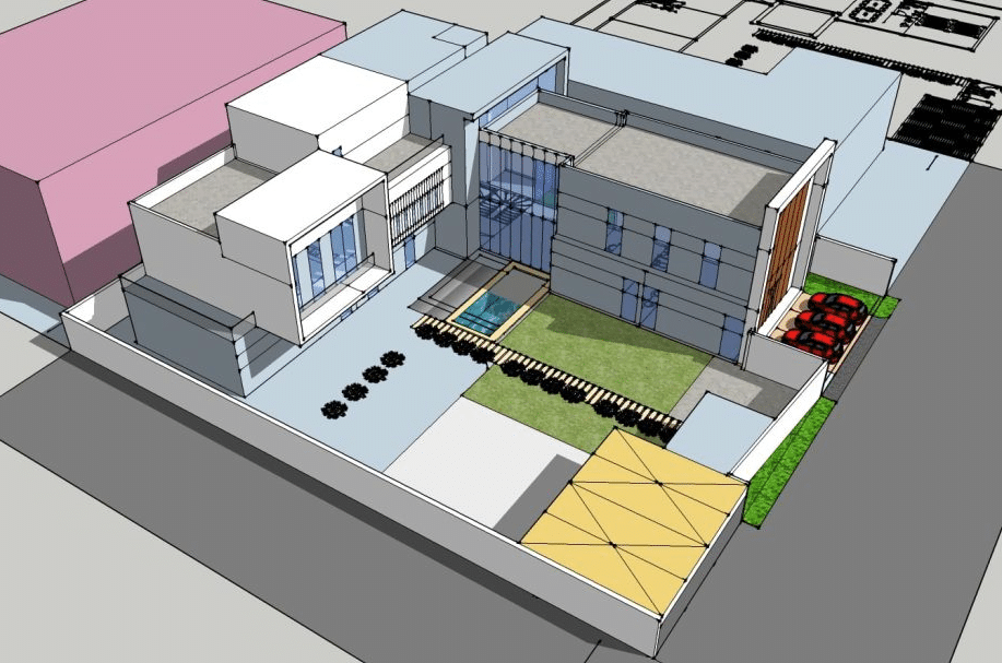 A 3D model of a modern house design showcasing the exterior layout with green spaces, a small swimming pool, and a parking area.