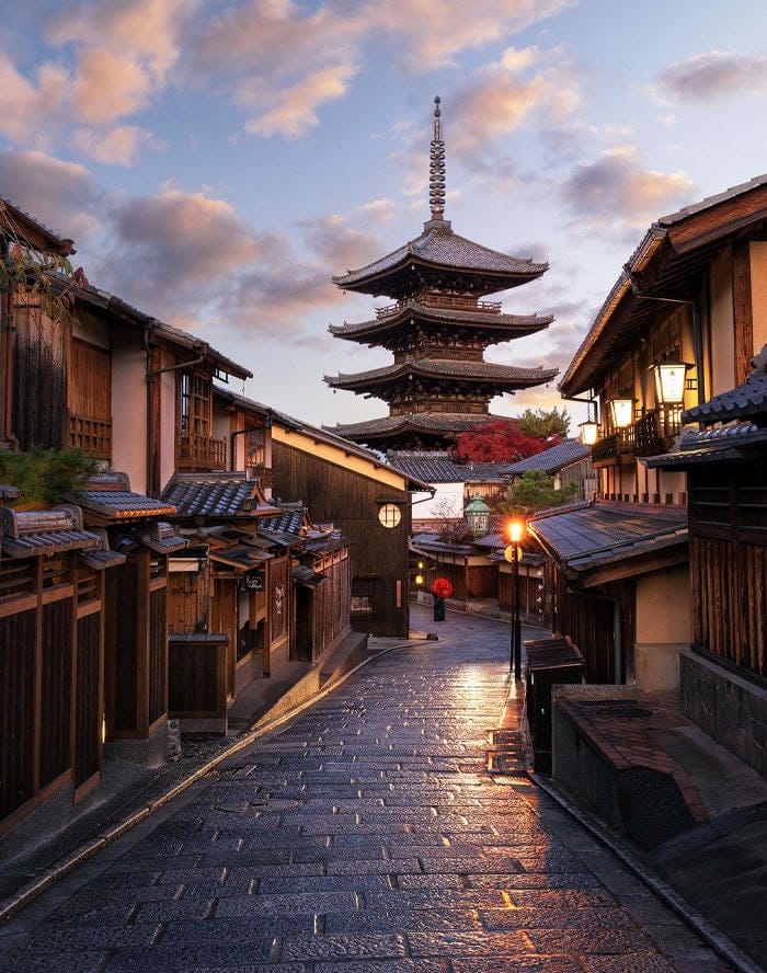 A traditional Japanese street reflecting the beauty of traditional Japanese architecture.