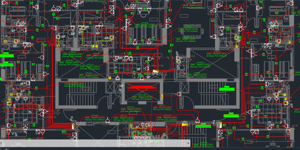 "Electrical design map showing cable network layout in a building, focusing on electrical safety.