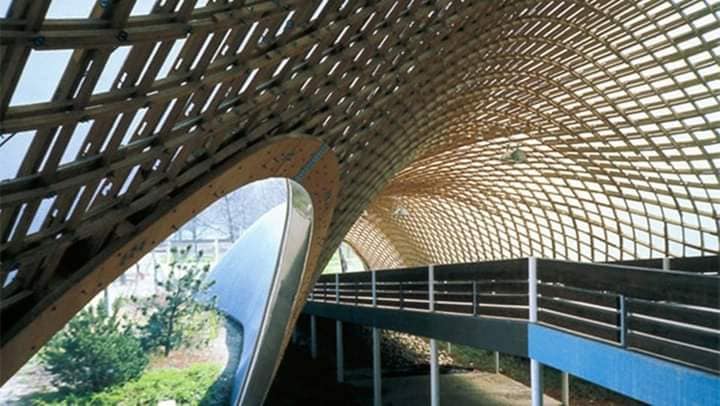 A tensile wooden roof structure inspired by Frei Otto's lightweight architectural designs."