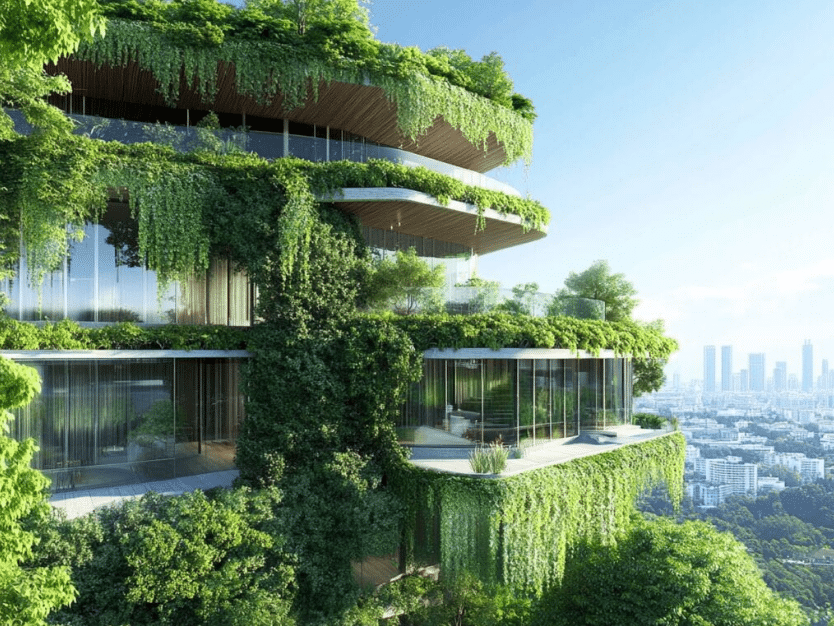A modern building covered in lush greenery from the outside, featuring multiple levels with small gardens and shaded walkways, reflecting a sustainable design that integrates nature with architecture.
