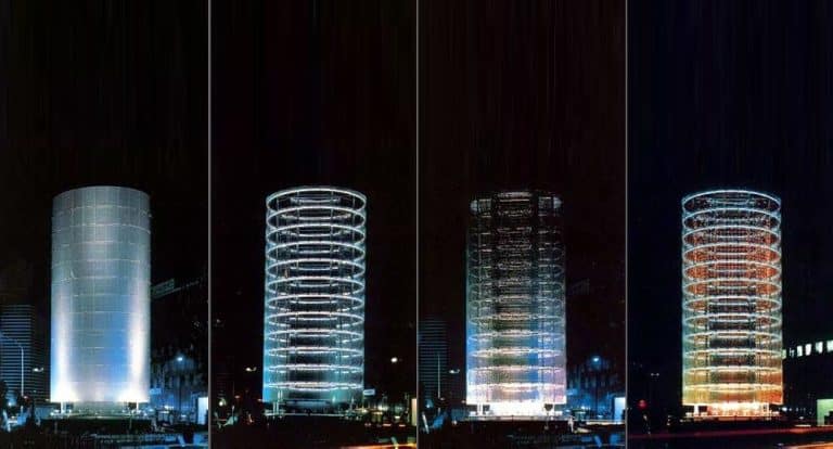 "A collection of innovative architectural designs showcasing curved, illuminated towers that reflect Toyo Ito's philosophy of blending form and function."