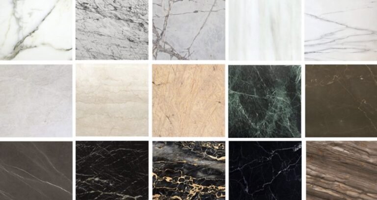 "A collage of various marble types showcasing diverse colors and vein patterns, highlighting the material's natural beauty and versatility."