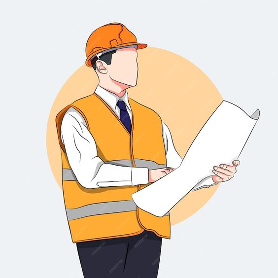 A construction worker wearing a hard hat and safety vest, holding blueprints and reviewing details.