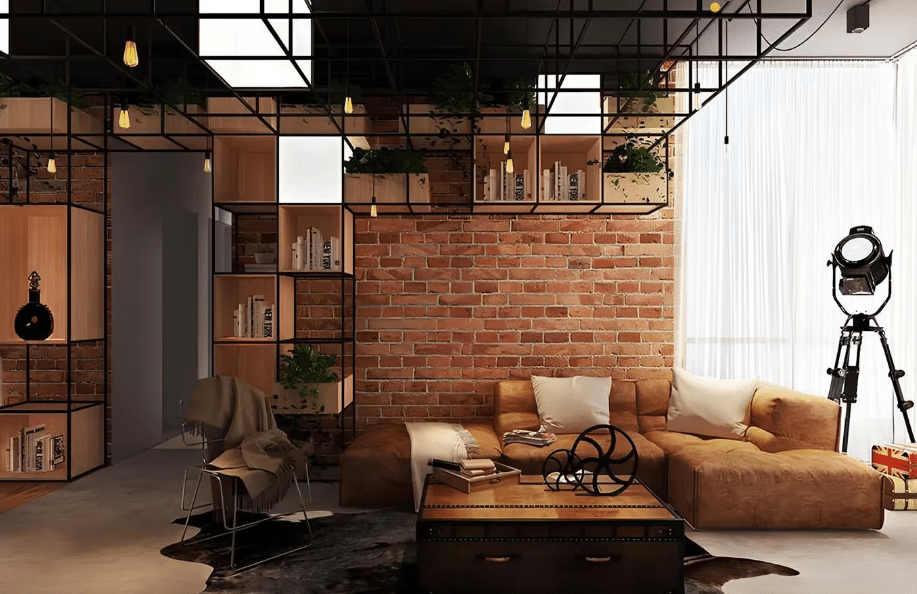 A modern industrial-style living room featuring a brown sofa with white cushions, a wooden coffee table, and exposed brick walls illuminated by hanging pendant lights. Metal shelves filled with books and plants add a harmonious blend of nature and industry to the space.