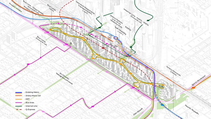 A detailed map of the transportation infrastructure within the development area, highlighting existing metro lines, bus routes, and internal express lines. The map also shows key station locations and critical nodes