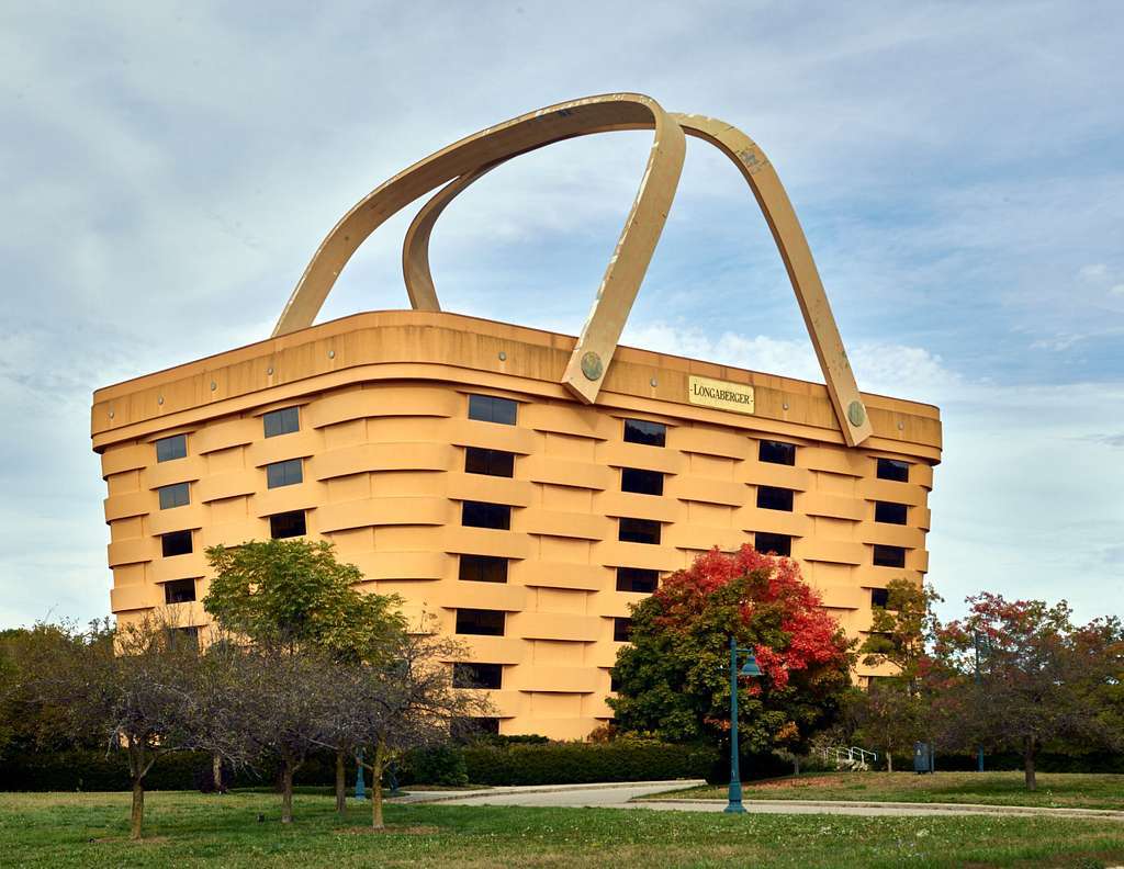 A massive building shaped like a giant picnic basket, reflecting the identity of Longaberger Company