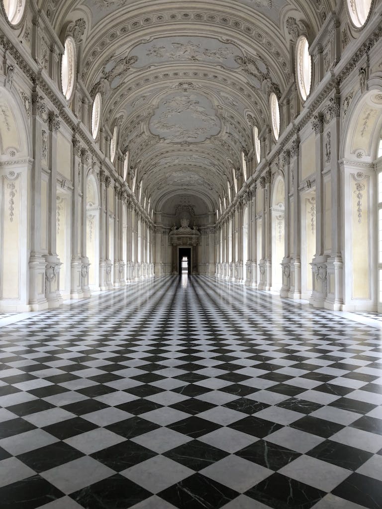 A stunning view of a Baroque hall featuring geometric patterns and exquisite architectural details.