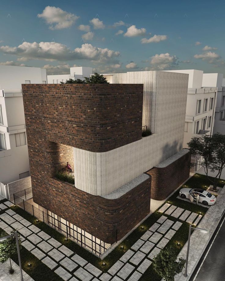 A modern architectural design of a house that combines red brick and white facades, featuring unique glass openings and small gardens around it, with a person sitting on the balcony.