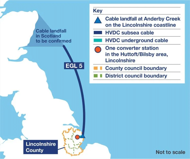 Preliminary illustrative map of the Eastern Green Link 5 electricity interconnector route
