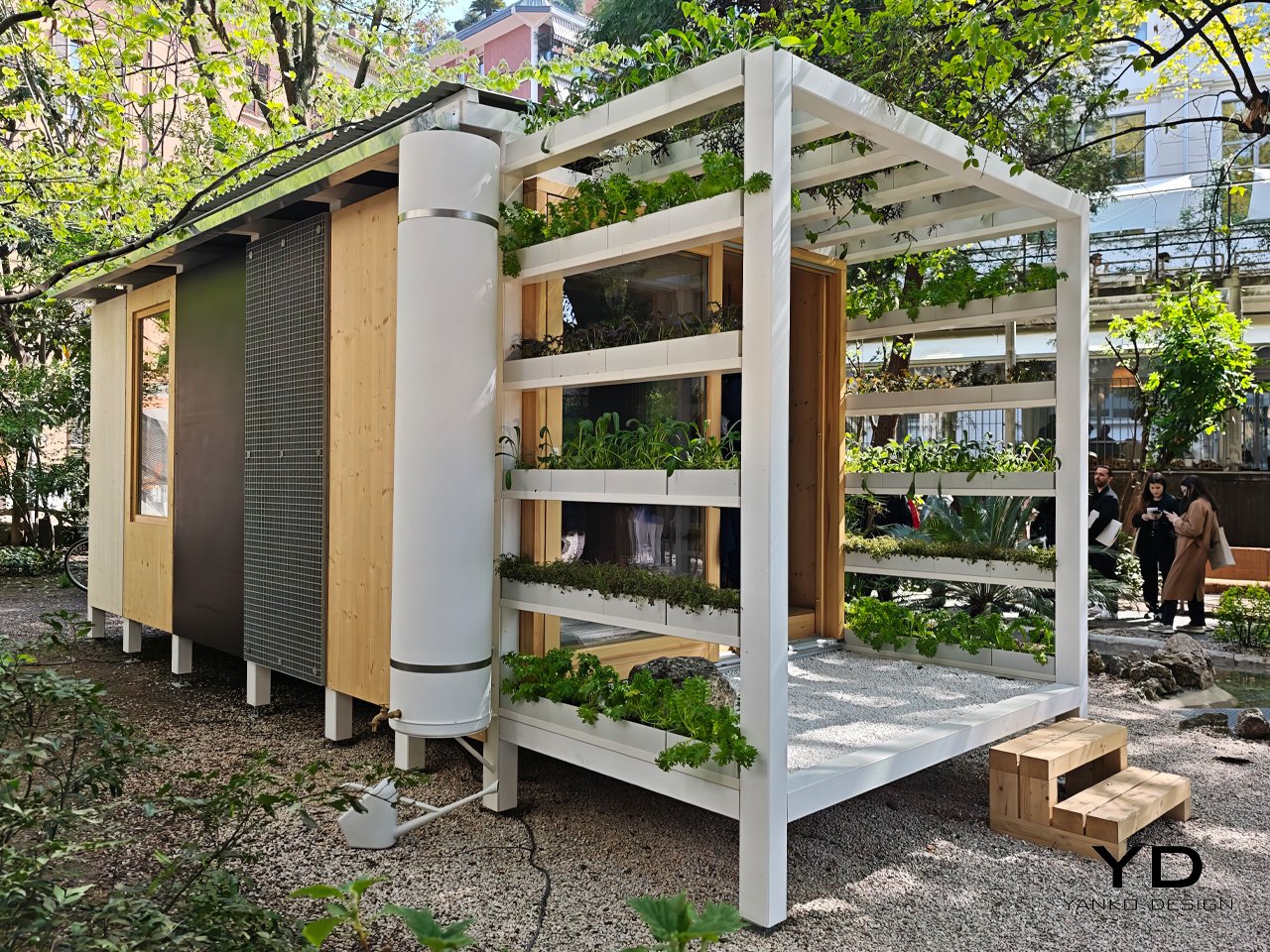 Indoor garden shelves with edible plants and herbs integrated in living space