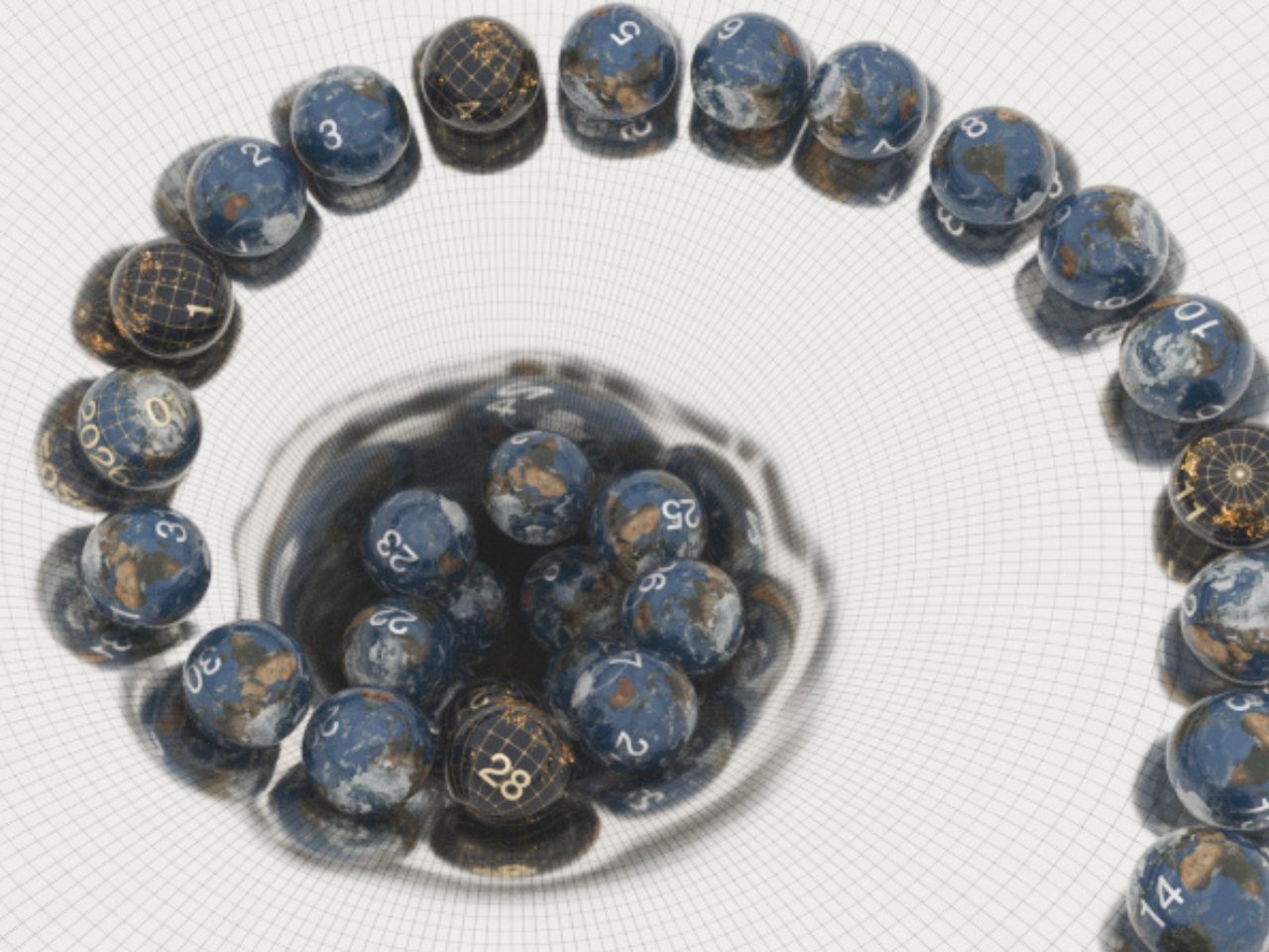 3D spiral formation showing continuous and evolving time motion through Earth spheres.