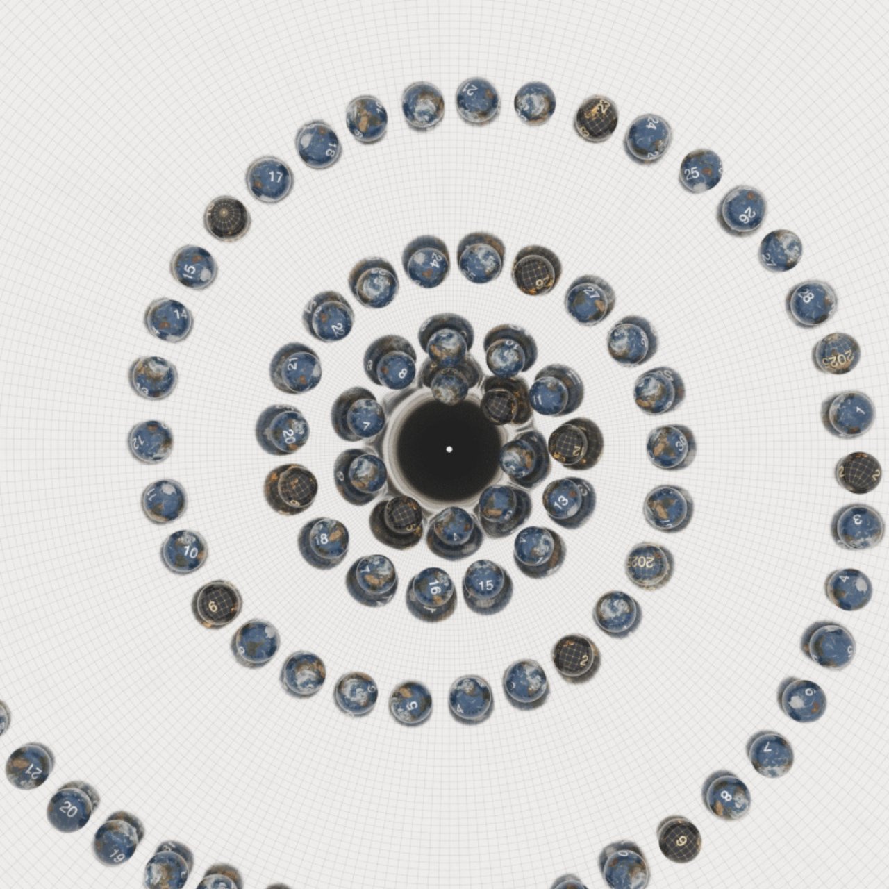 Illustration of different rotation axes for each time sphere adding dynamism and variety to the design.