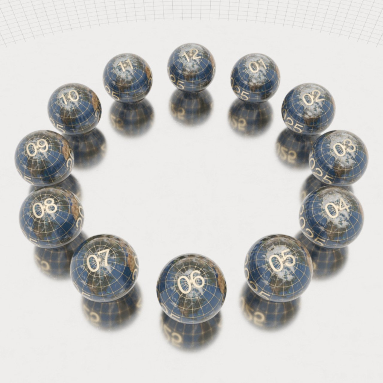 Illustration of different rotation axes for each time sphere adding dynamism and variety to the design.