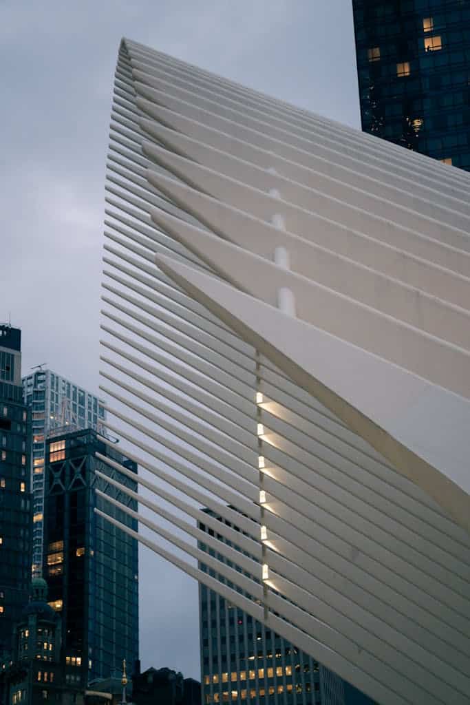 Stunning view of modern architecture against the towering New York City skyline at dusk.