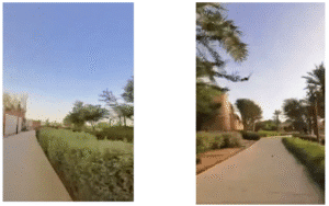 Two images showcasing a serene pathway in Diriyah, lined with neatly trimmed hedges and shaded by tall trees. The scene highlights the integration of greenery and historic architecture, emphasizing a peaceful and inviting urban environment.