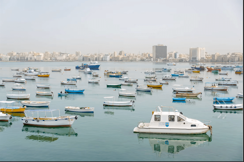 A tranquil harbor filled with small boats floating calmly on the water, with a modern city skyline in the background featuring tall buildings and contemporary structures
