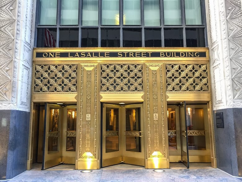 Entrance of the One LaSalle Street Building with Art Deco ornamentation