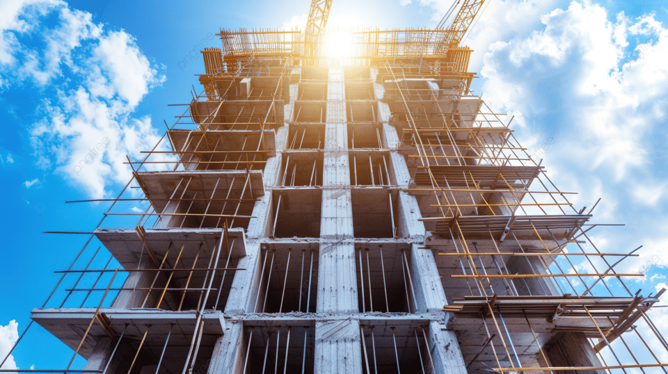 A building under construction showing steel reinforcement and wooden scaffolding against a backdrop of sunlight.