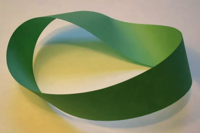 A green Möbius strip made of paper, showcasing a single continuous surface and edge, illustrating the concept of topology.