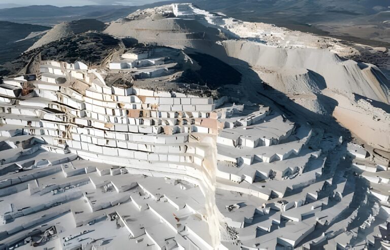 Wide view of a natural marble quarry showing large blocks of white marble with natural veining."