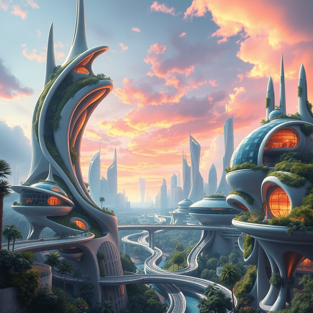 A visionary city with innovative, organically curved buildings adorned with plants, featuring warm interior lighting that highlights the unique design against a sunset backdrop