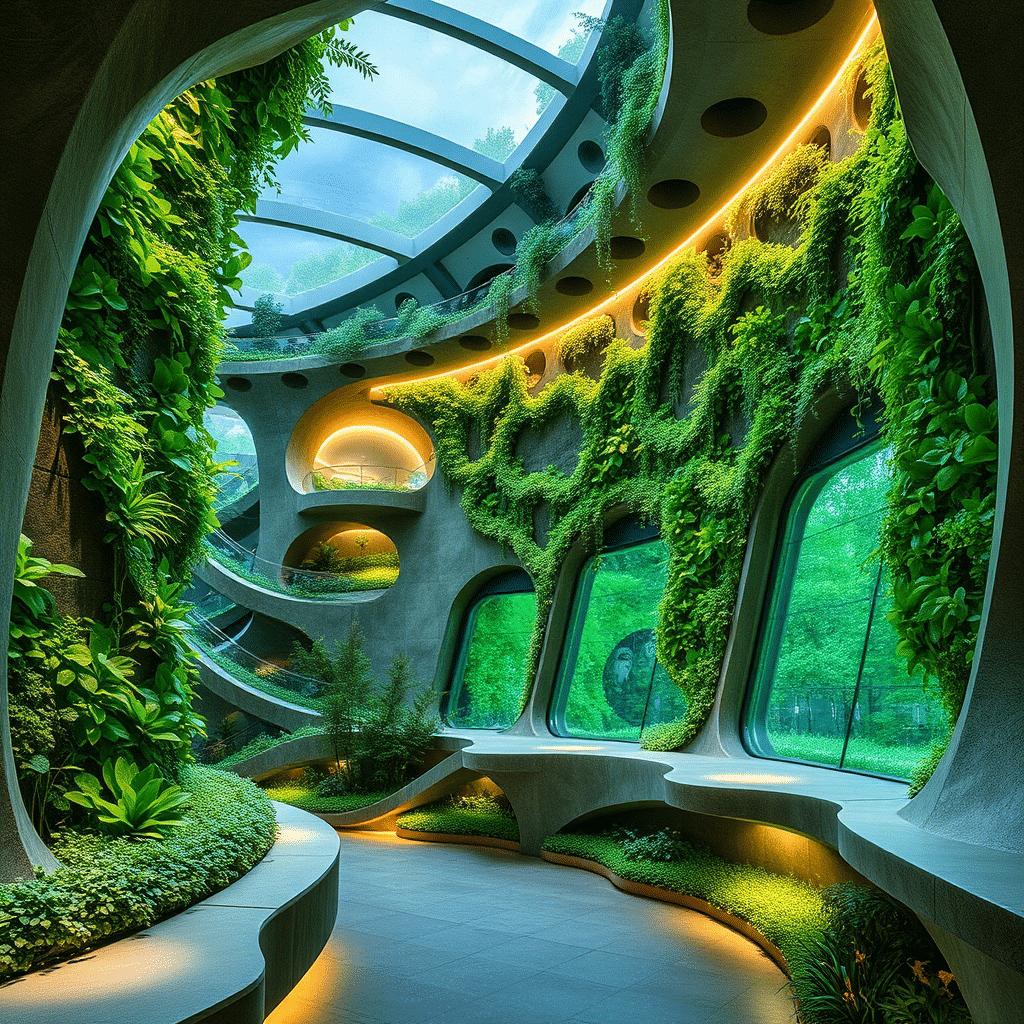 Organic interior design featuring hanging plants and glass windows, with warm internal lighting highlighting curved shapes, creating a sense of harmony with nature.