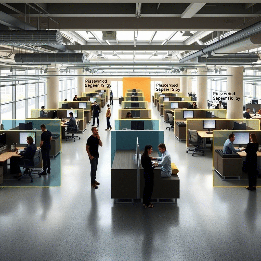 Modern office interior design combining open space with separated workstations, where employees sit at their desks and collaborate in a visible and accessible manner.