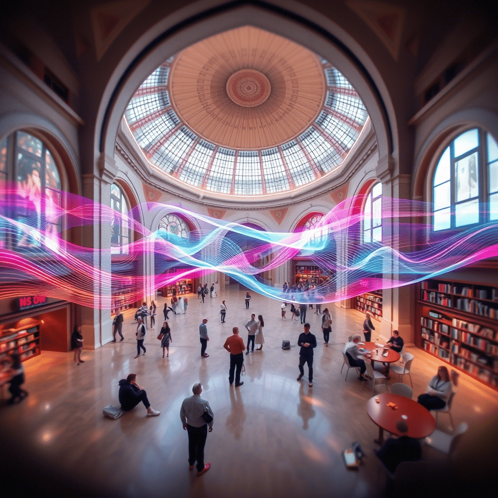 Innovative interior design of a library blending nature and technology, with stunning neon lights flowing dynamically through the space, surrounded by people enjoying reading and interacting under beautiful natural lighting.