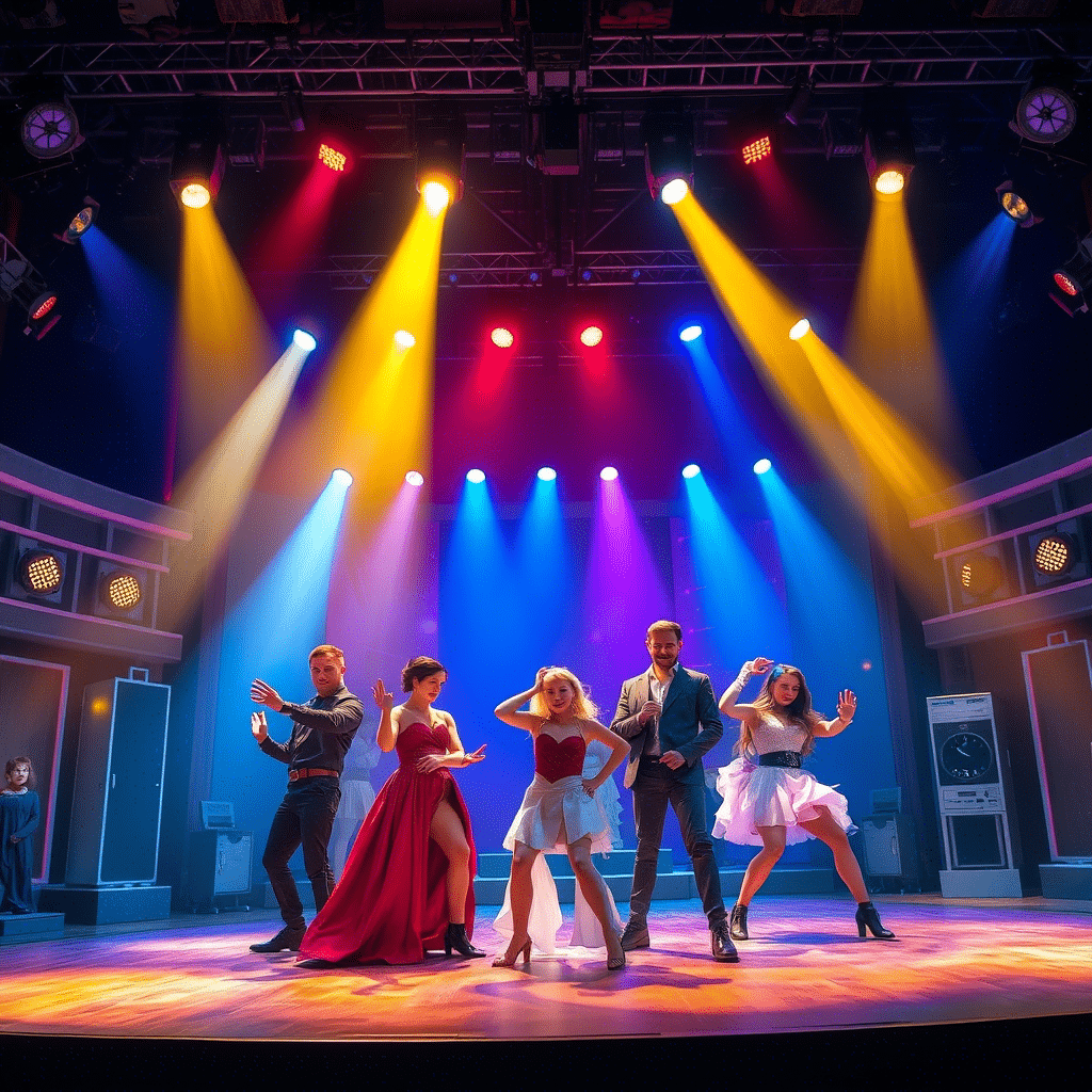 Five individuals performing a dynamic dance routine on a stage under multicolored lighting, including yellow, blue, and pink, showcasing high energy during the performance