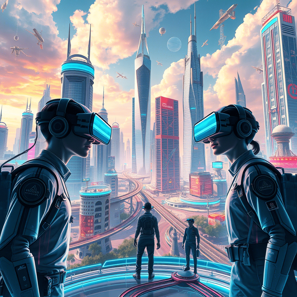 Artistic depiction of two people in technical uniforms and VR headsets standing before a view of an advanced urban skyline under a bright sky, featuring drones and towering buildings.