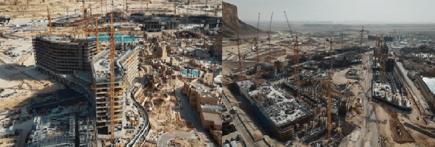 An image showcasing a construction site in Qiddiya, featuring the development of large-scale residential and commercial buildings using advanced construction techniques. The site includes a tall tower rising among other structures, with cranes actively working to support ongoing building efforts. The image highlights the rapid urban transformation and ambitious projects aimed at realizing the city's futuristic vision.