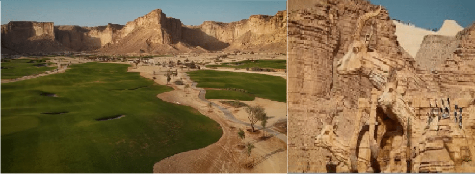 An image showcasing the transformative vision of Qiddiya, where nature and art are seamlessly integrated with architectural design. The left side highlights a vibrant green golf course surrounded by rocky cliffs, while the right side features a massive sculpture carved into the rock, reflecting the city's commitment to blending art with its natural landscape.