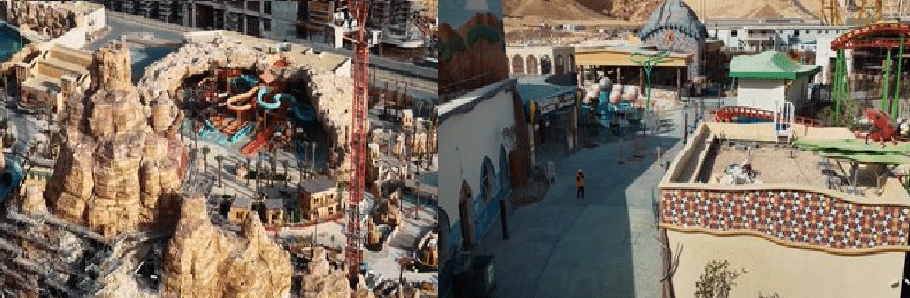 An image showcasing a section of the large-scale entertainment projects in Qiddiya, featuring innovative water attractions integrated with carved rock formations. The site also includes a vibrant commercial area filled with shops and recreational facilities, along with colorful amusement rides such as a red roller coaster that winds through architectural structures.