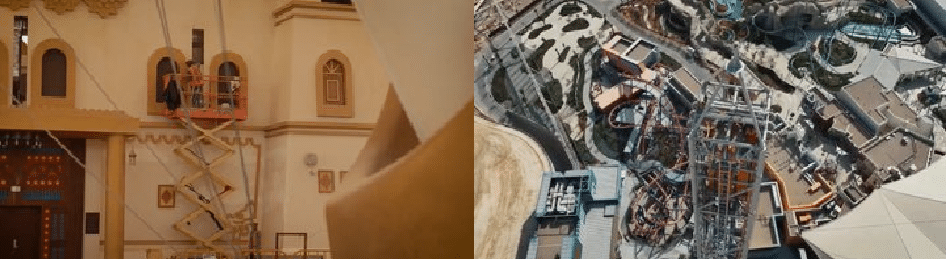 An image showcasing a close-up of construction activities in Qiddiya, focusing on the intricate details of an interior design featuring traditional elements with vibrant colors and artistic features. The site reflects the rapid progress of major projects, including the construction of tall towers and modern structures using advanced building techniques.