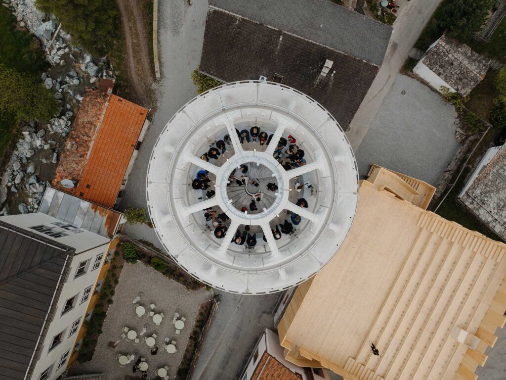The surface of the 3D printed concrete tower shows the unique texture resulting from smart materials and special additives used during printing.