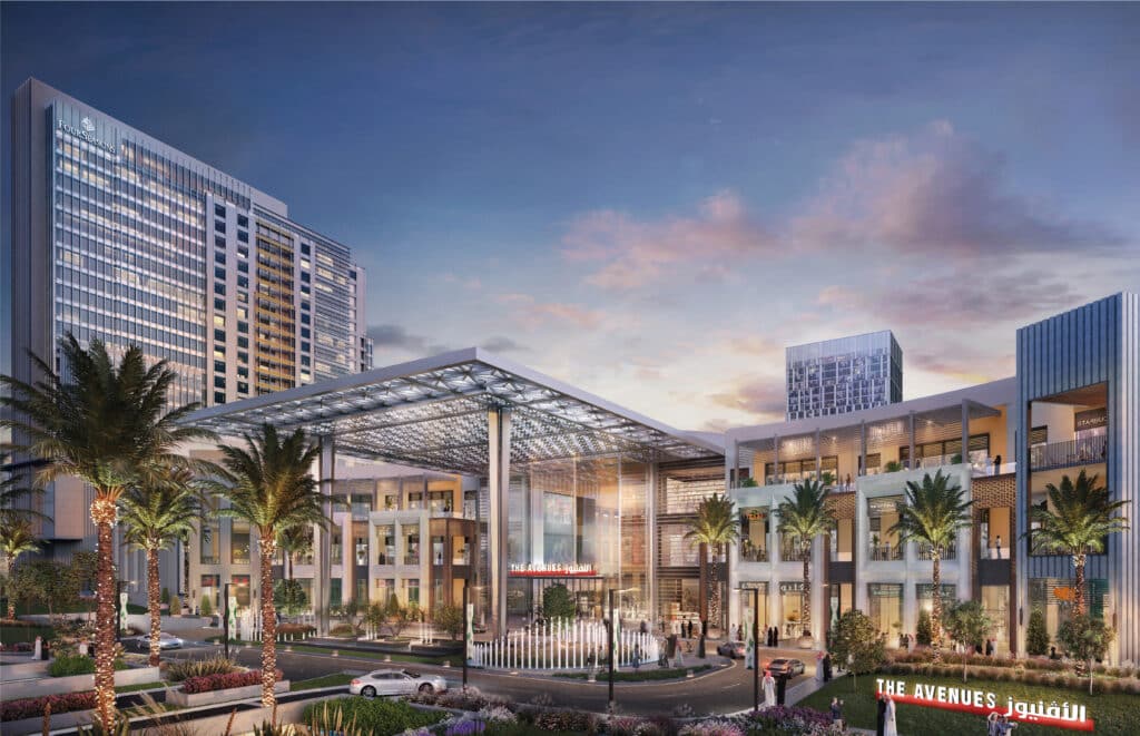 The Avenue Mall in Khobar showcases its impressive design with skyscrapers and surrounding palm trees.