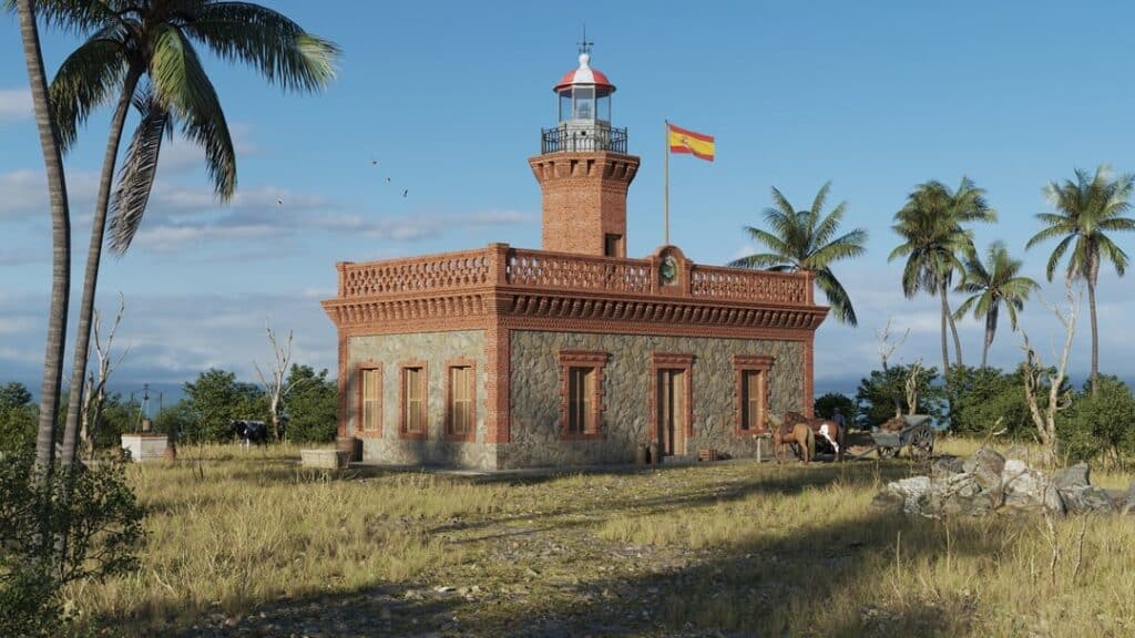 Punta Higüero Lighthouse in Rincón, Puerto Rico, stands tall amidst palm trees under a clear blue sky, with the Spanish flag waving atop the tower