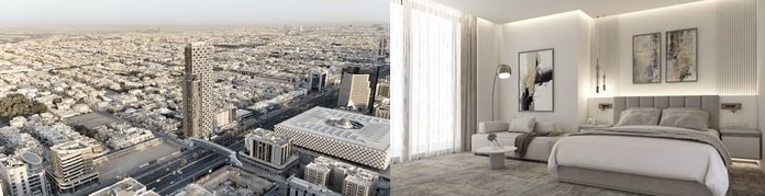 برج سكني عالي يطل على مدينة مزدحمة بالمباني، مع مشهد شامل للمنطقة المحيطة و غرفة نوم داخلية مصممة بشكل أنيق مع إضاءة دافئة وأثاث مريح