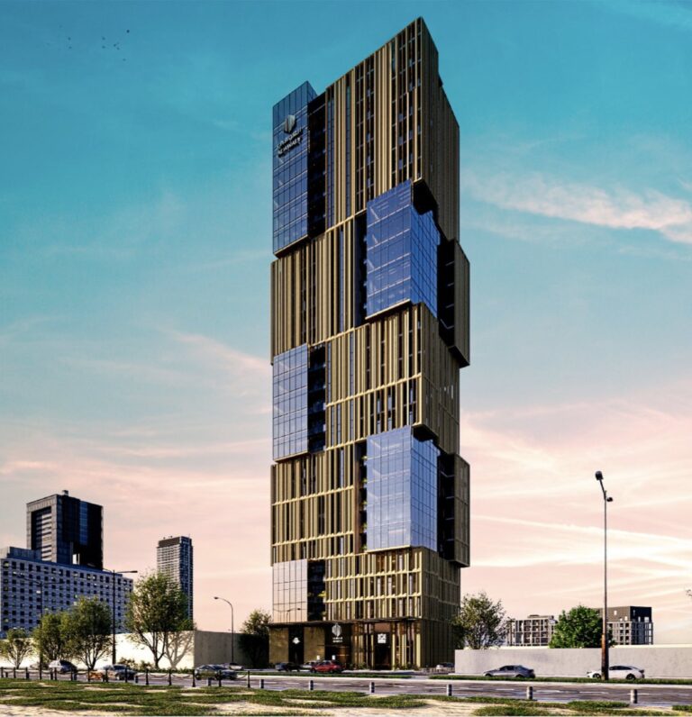 Facade of Al Awali Rise office tower during foundation phase in Al Sahafah, North Riyadh