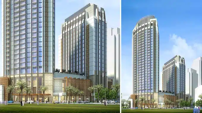 Illustrative image of the Hotel Indigo project in Jeddah, featuring a modern and contemporary architectural design. The hotel is depicted as a tall building with glass facades and neutral tones, emphasizing a sleek and luxurious look. Ground-level areas are designed for pedestrian access and vehicle drop-offs, complemented by greenery and shaded spaces for added comfort.